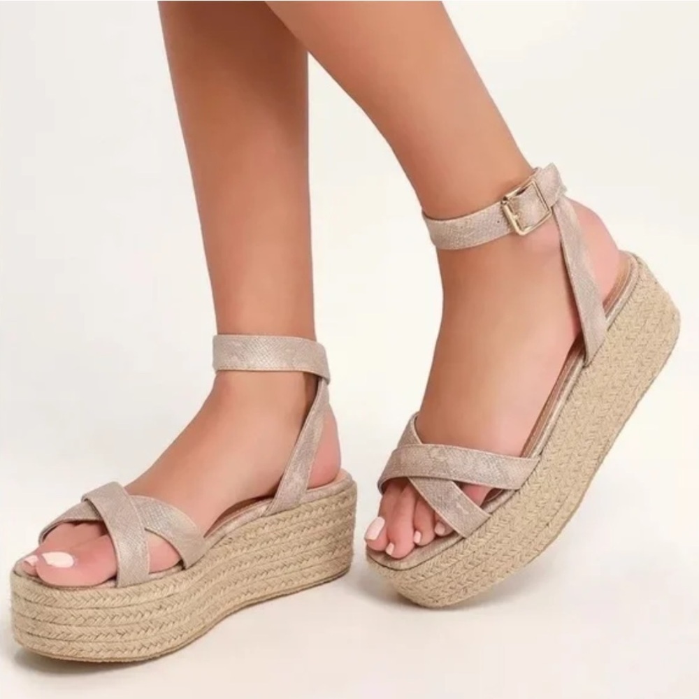 Lulus Women Size 8.5 Cobi Metallic Beige Snake Espadrille Platform Sandals